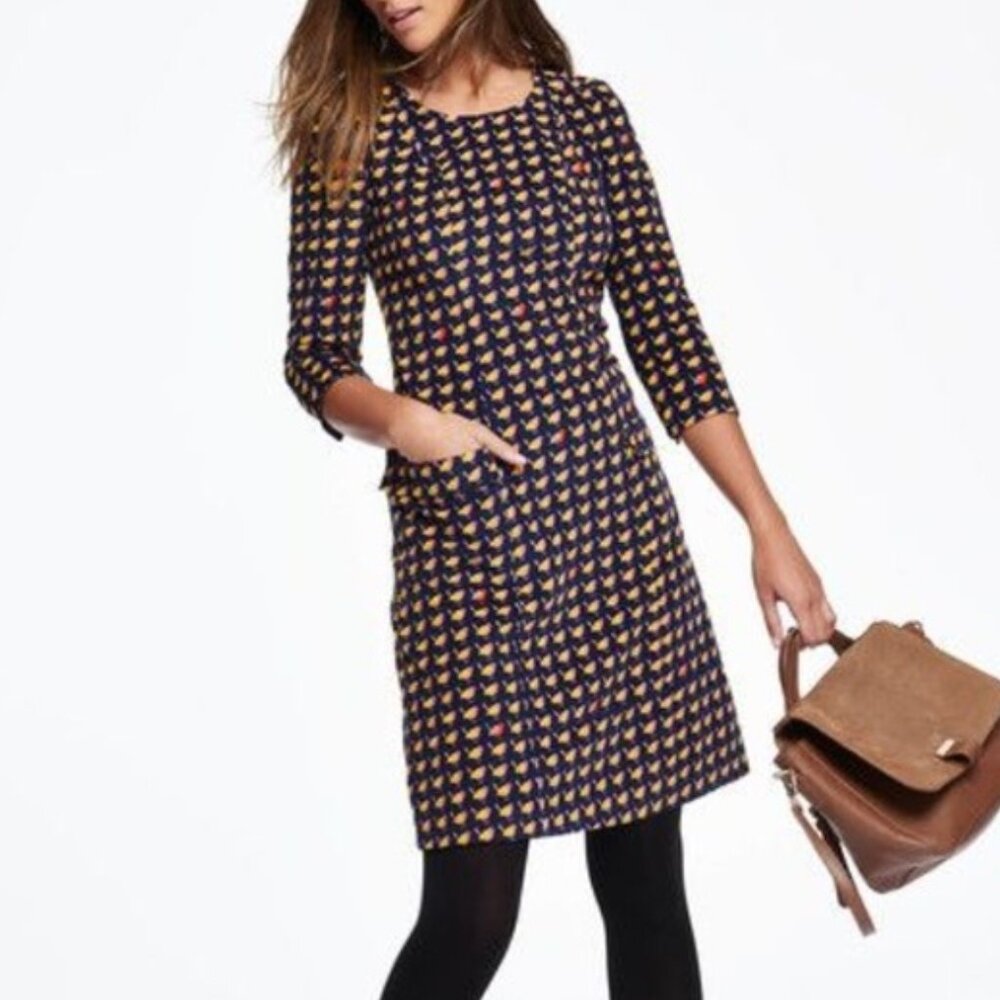 Boden Hartland Corduroy Dress US 4 Bird Print Retro Style 3/4 Sleeve